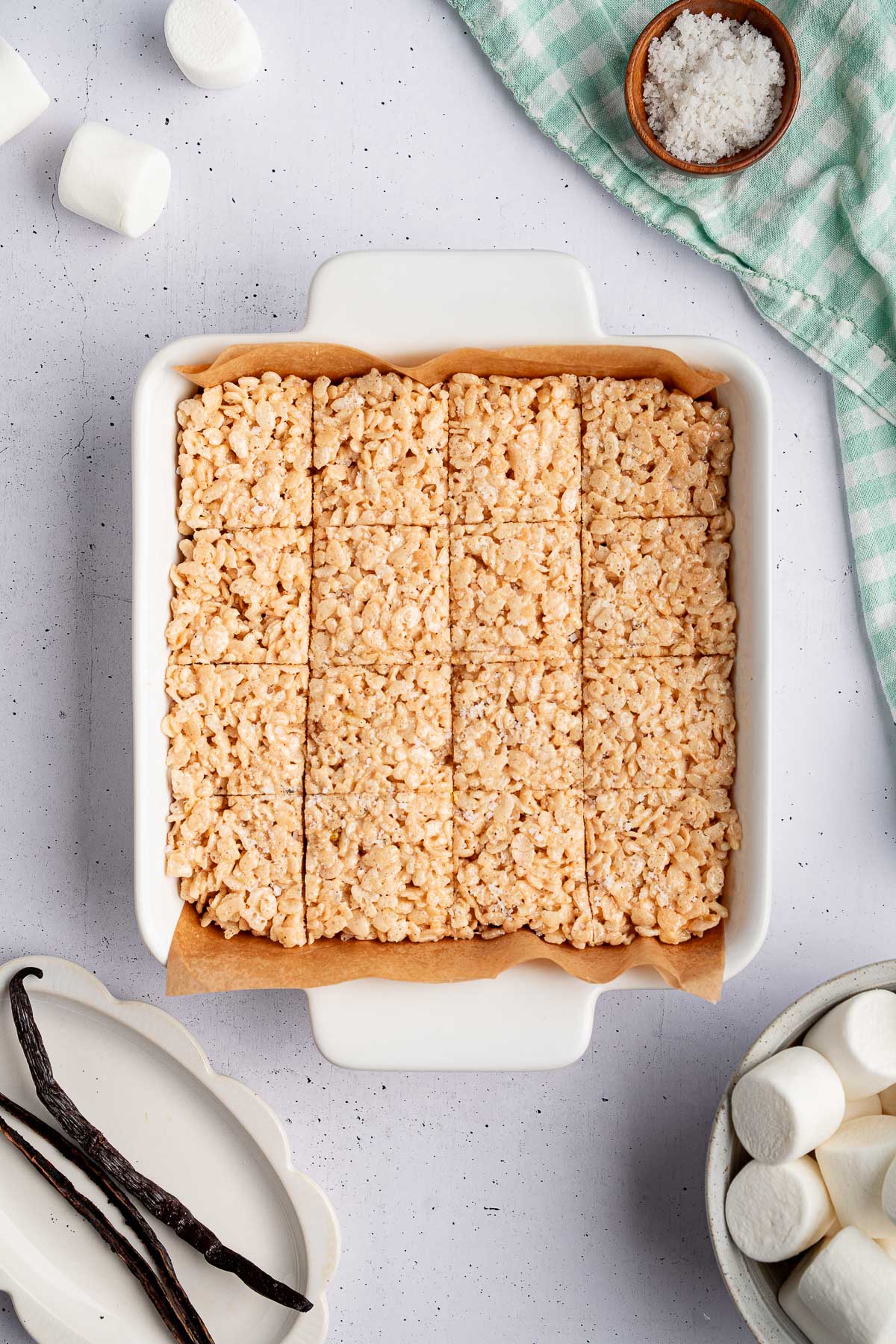 Rice Krispie treats cut in a pan