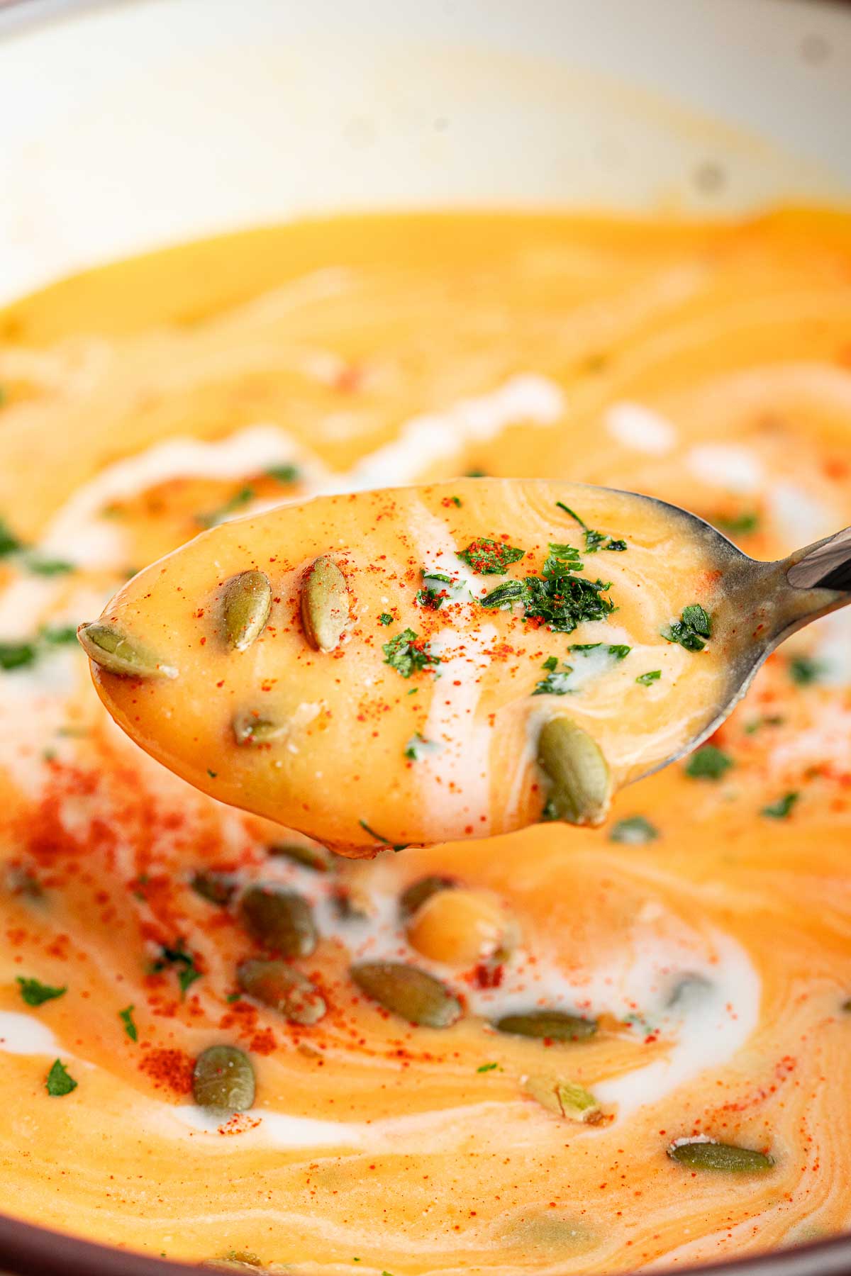 a bite of roasted butternut squash soup