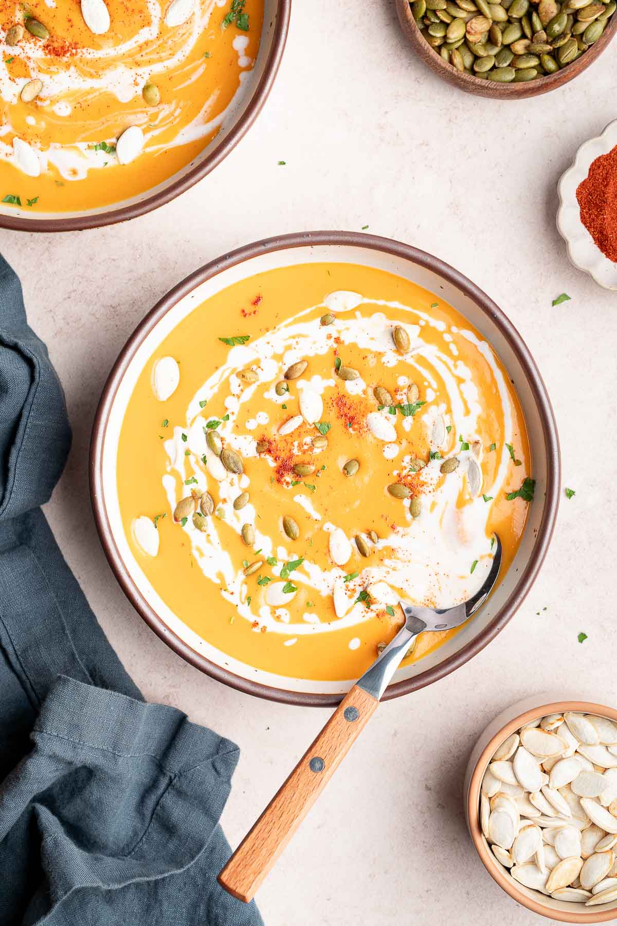 top view of a bowl of roasted butternut squash soup