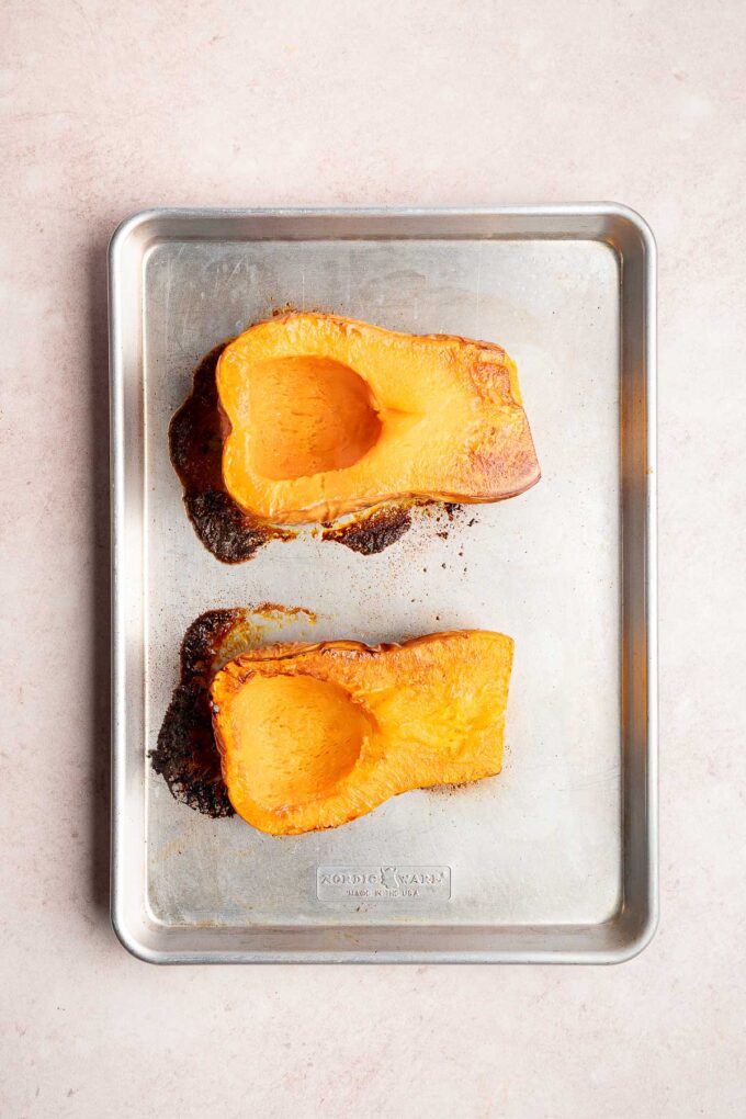 roasted butternut squash halves for butternut squash soup