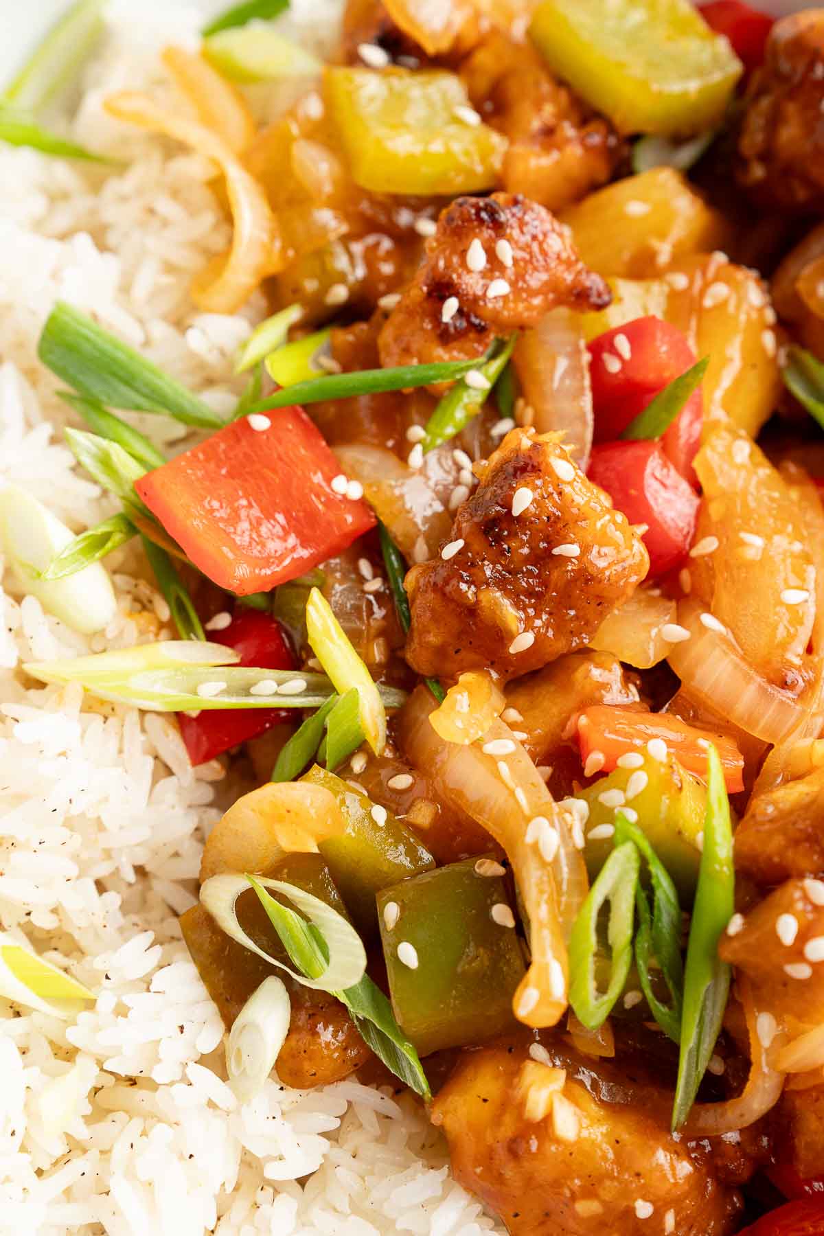 super close up of sweet and sour tofu